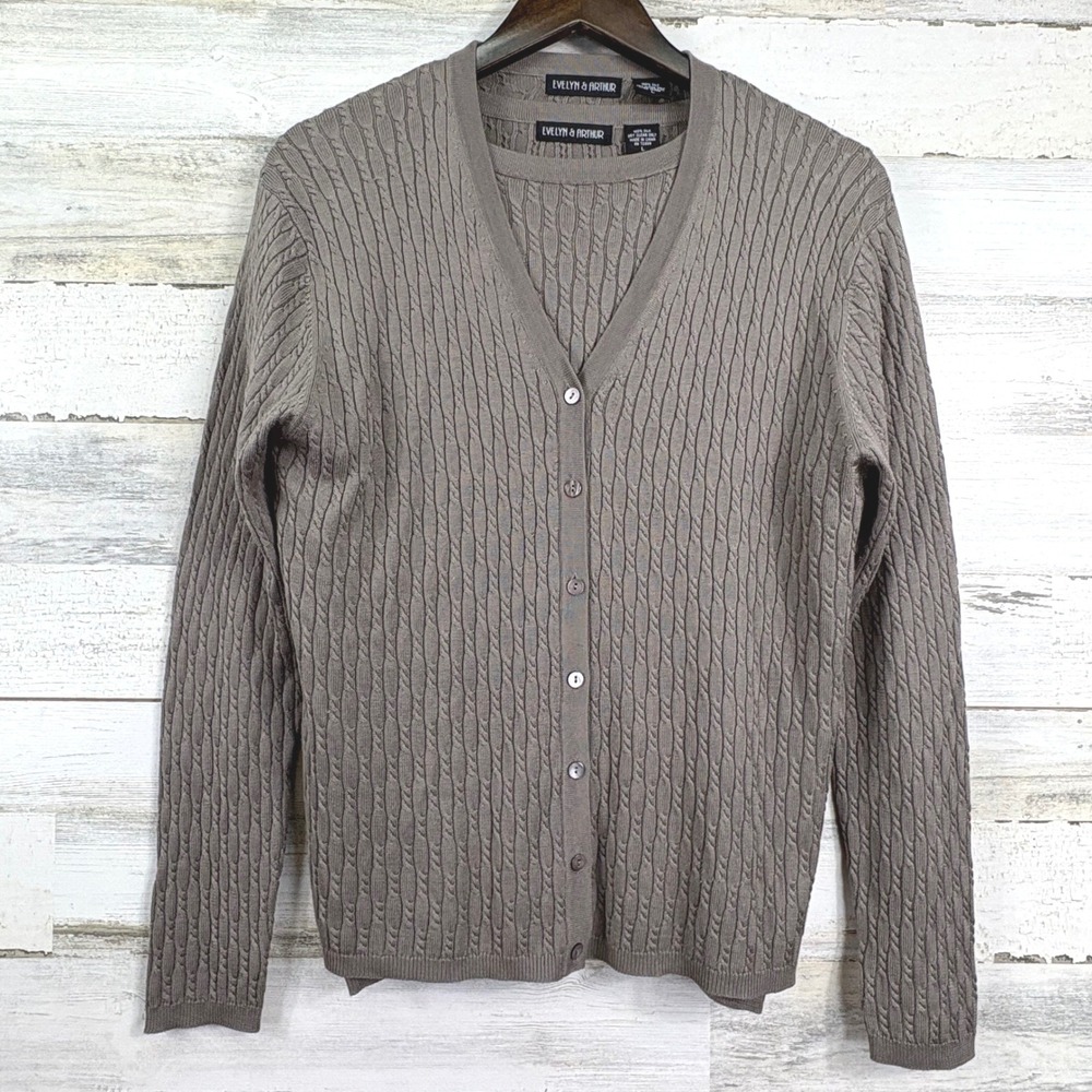 Evelyn & Arthur Womens Taupe‎ Cable Knit Silk Cardigan Sweater 2 Pc Twinset Sz L